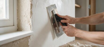 Stucpasta wordt met een spaan op een wand aangebracht en gladgetrokken